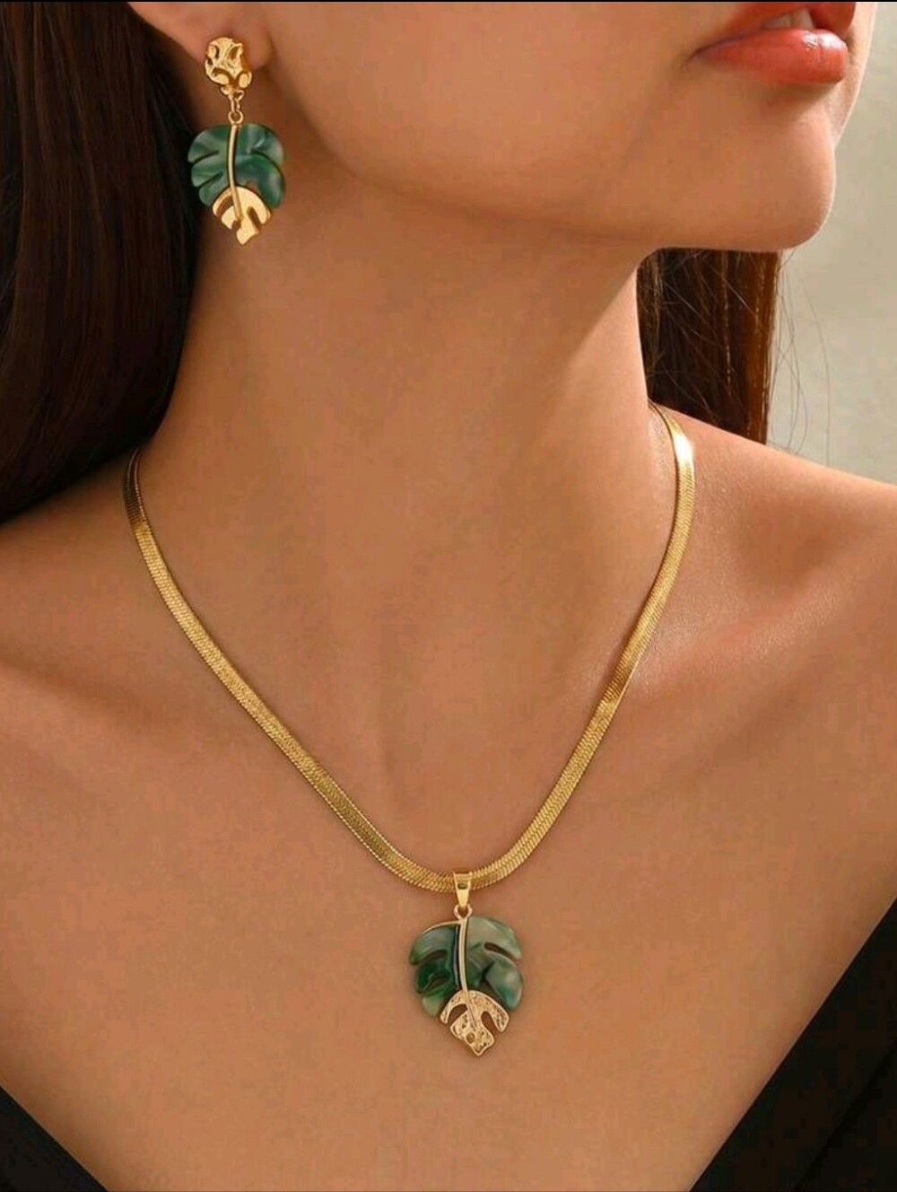 Gold Chain Necklace with Green Leaf Pendant